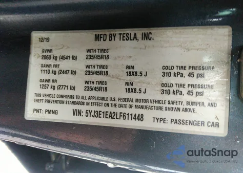 2020 Tesla Model 3 Standard Range Plus Rear-Wheel Drive/Standard Range Rear-Wheel Drive from USA, damaged, VIN 5YJ3E1EA2LF611448